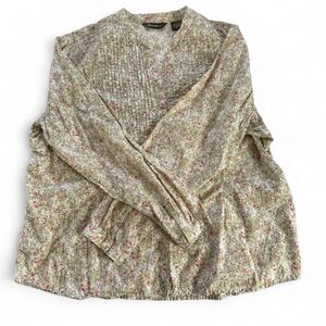 Eddie Bauer Women's XXL Green Pink Floral Cotton Pintuck Pleated Blouse